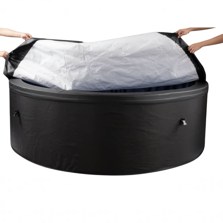 Hands holding cover over the hot tub.