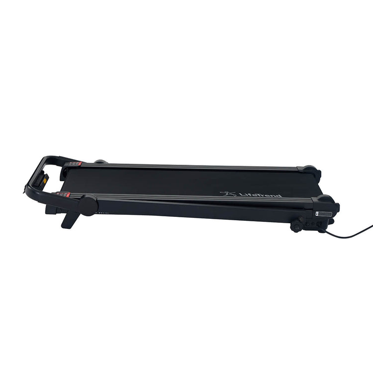 Profile view of treadmill with console folded down into walking mode.