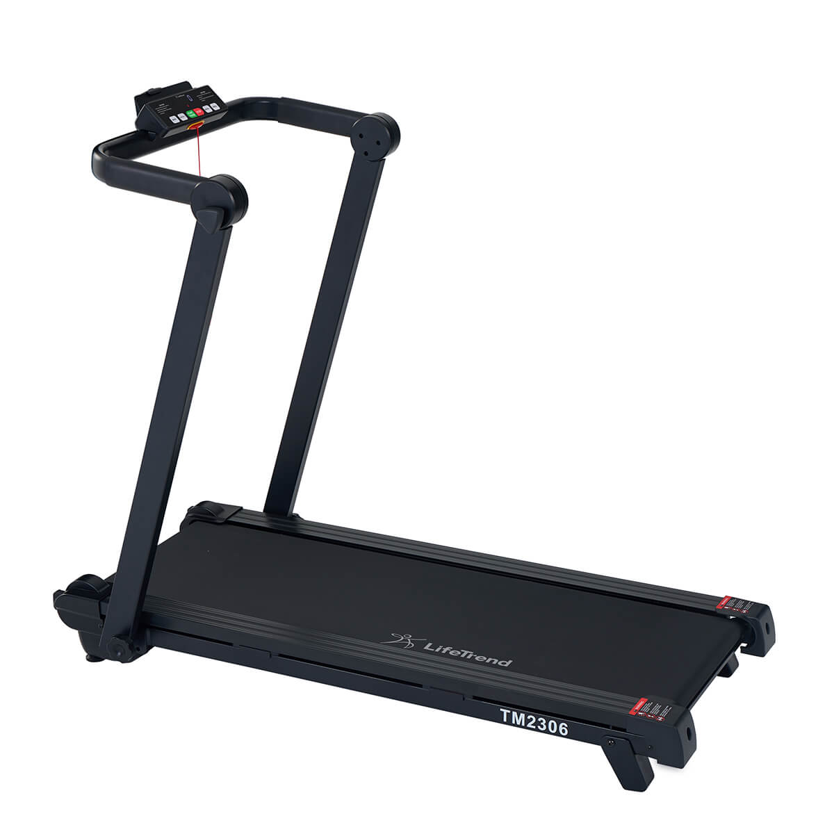 Angled treadmill showing the walking belt and uprights.