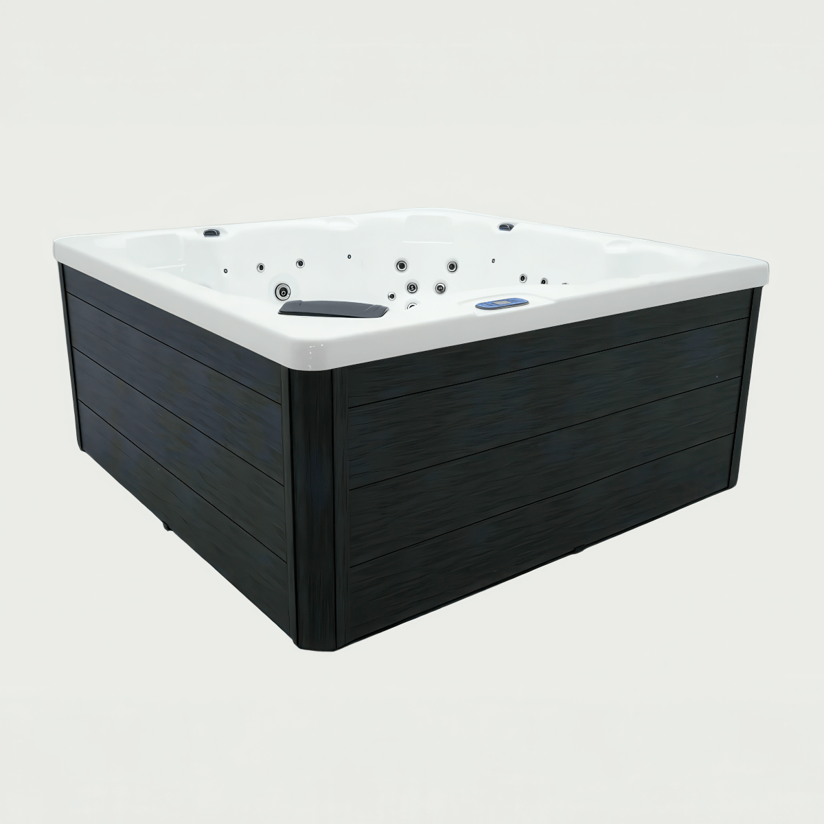 Main product image of black exterior spa with white interior.